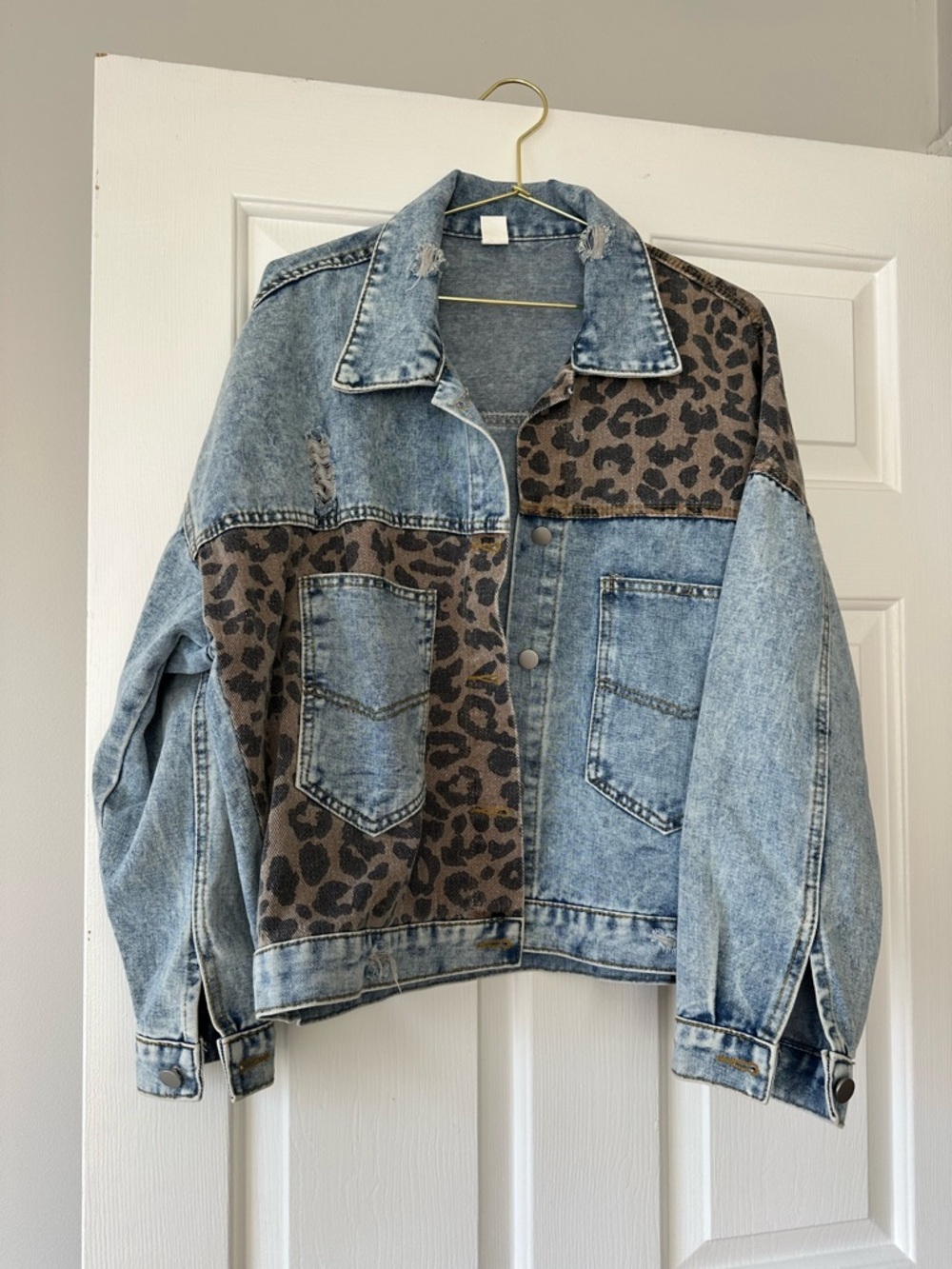Leopard Patchwork Acid Wash Denim Jacket